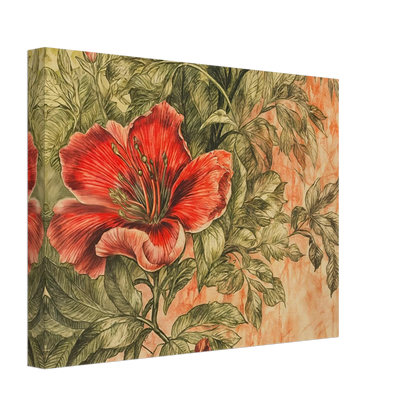 A richly detailed crimson flower blossoms among intricate green foliage against a soft peach-toned background.
