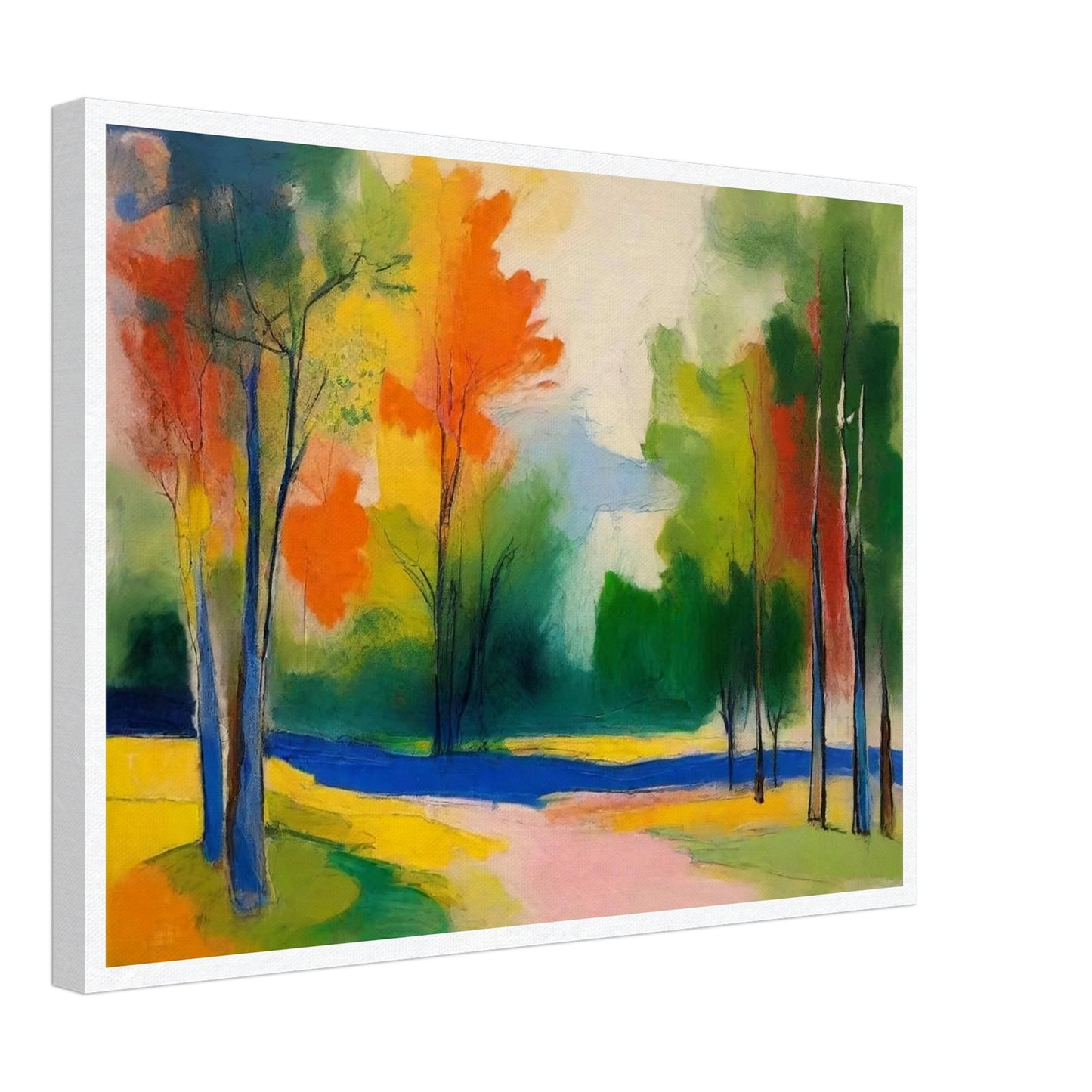 A colorful abstract painting of an autumn landscape, featuring vibrant orange, yellow, green, and blue hues. Trees with slender trunks are scattered throughout the scene, and a winding path leads through the colorful foliage.