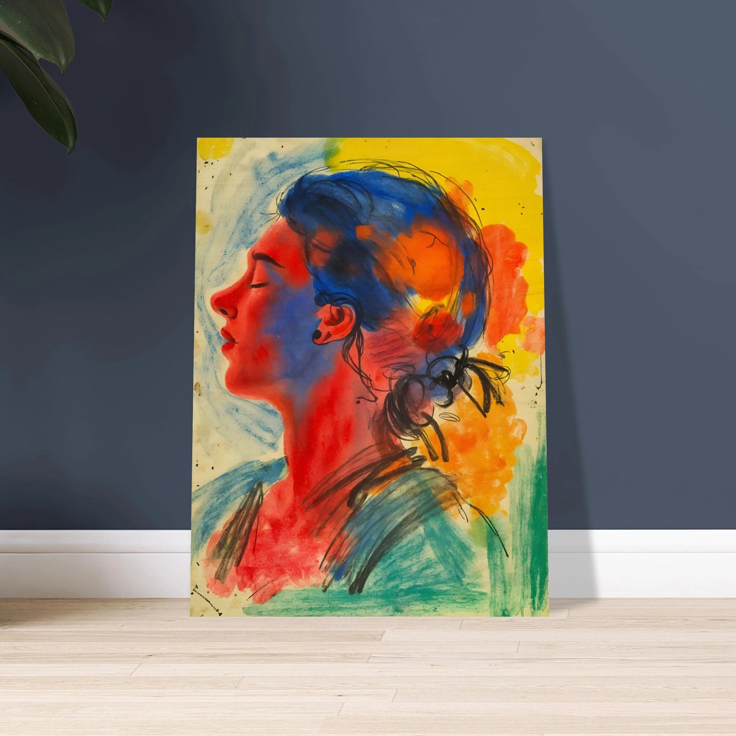 Vivid portrait of a serene woman in profile rendered with expressive blue, red, yellow, and orange washes against a luminous backdrop.