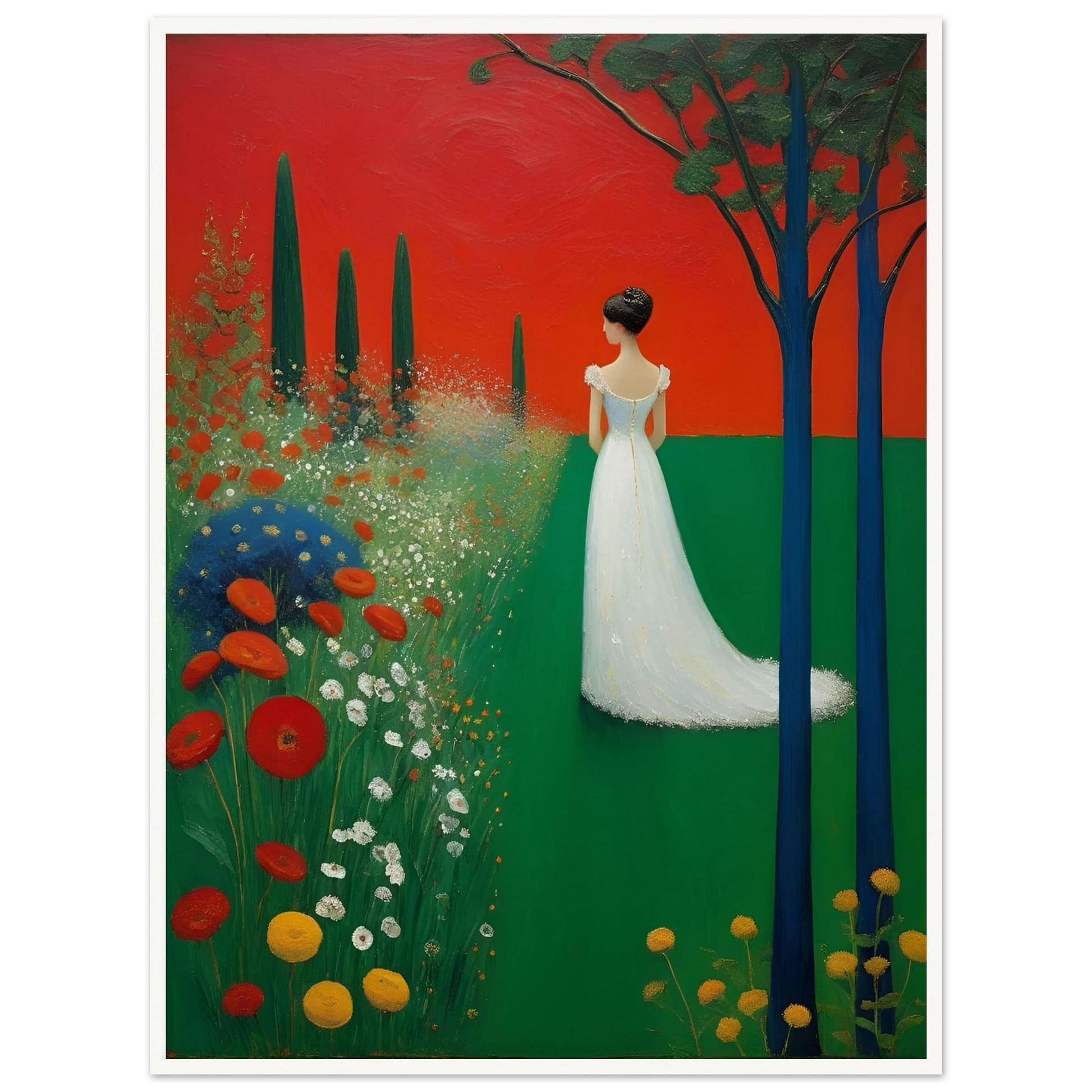 A woman in a white dress stands in a vibrant green field under a deep red sky, framed by dark trees and blooming wildflowers.