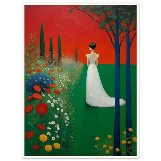 A woman in a white dress stands in a vibrant green field under a deep red sky, framed by dark trees and blooming wildflowers.