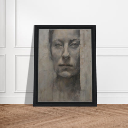 A haunting monochromatic portrait of a solemn face emerging from a textured, weathered surface, evoking a sense of mystery and introspection.