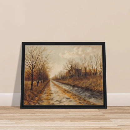 A tranquil autumn road lined with bare trees and golden grass under soft clouds, evoking stillness and quiet reflection.