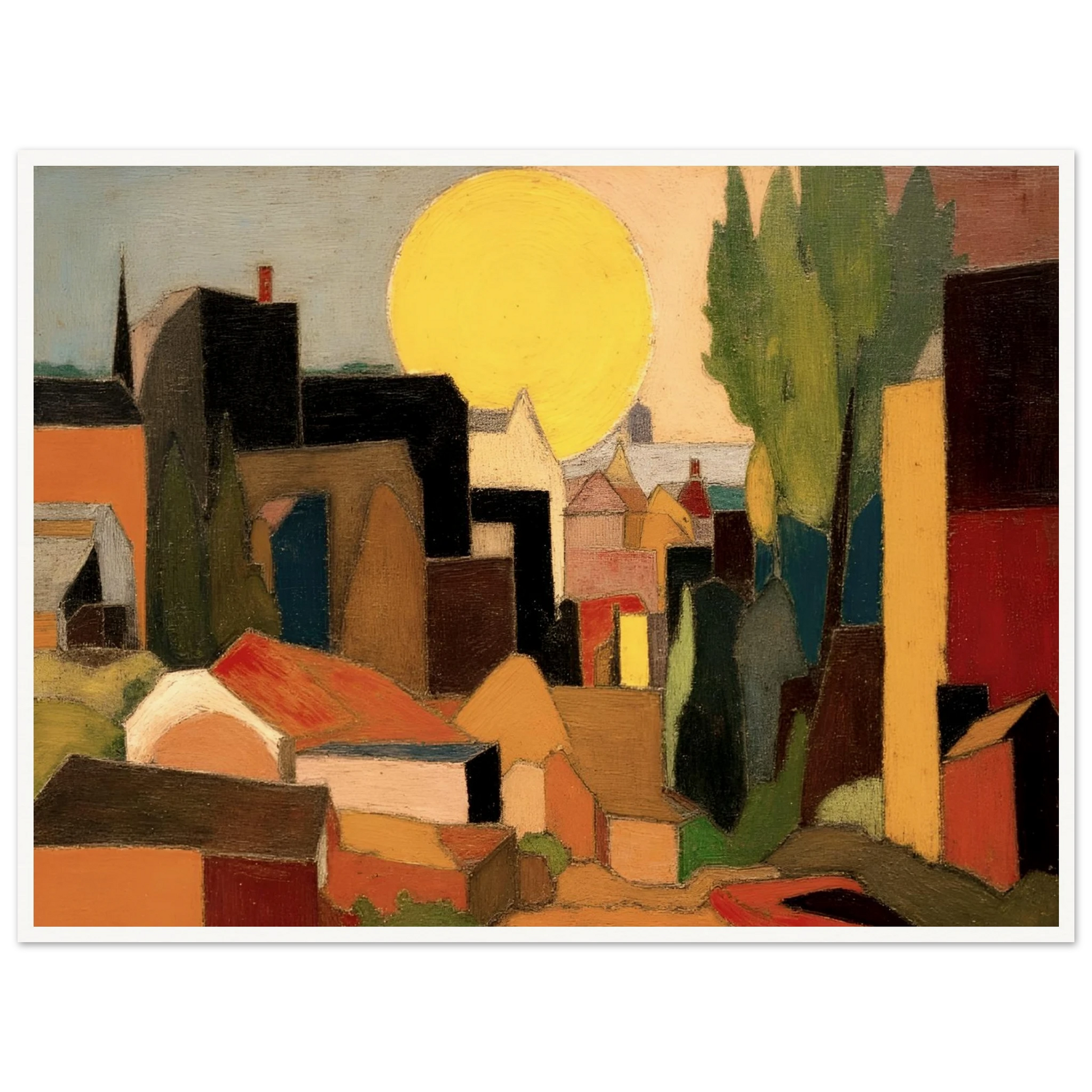 A stylized village landscape featuring geometric houses, tall trees, and a large golden sun rising or setting behind the rooftops in warm earthy tones.