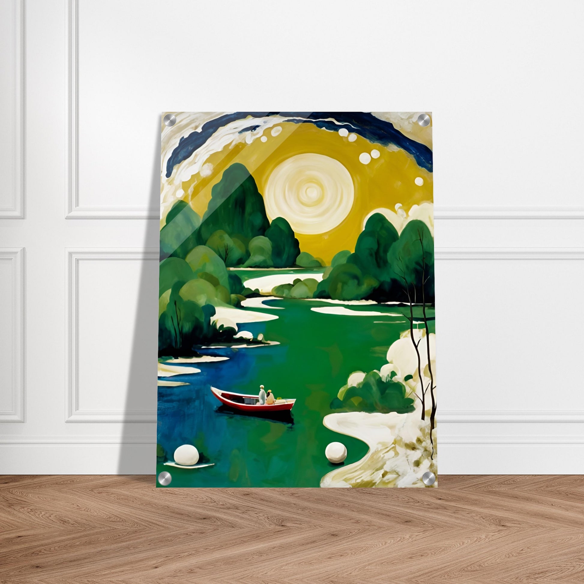 A peaceful river scene with a golden sun, lush green trees, and a small red boat carrying two figures, evoking serenity and wonder.