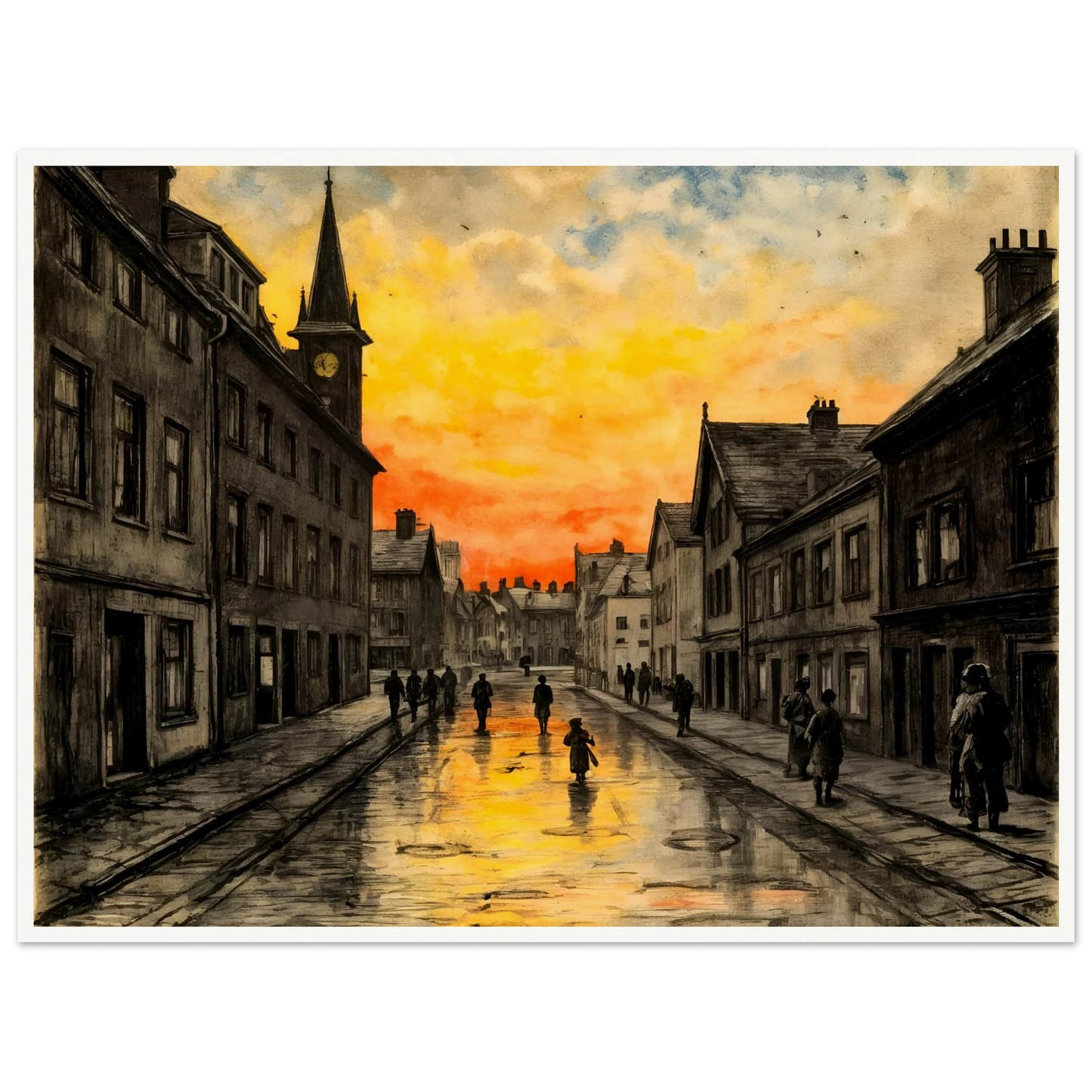 A vintage town street glows beneath a fiery sunset, with wet cobblestones reflecting amber skies and quiet figures walking home.