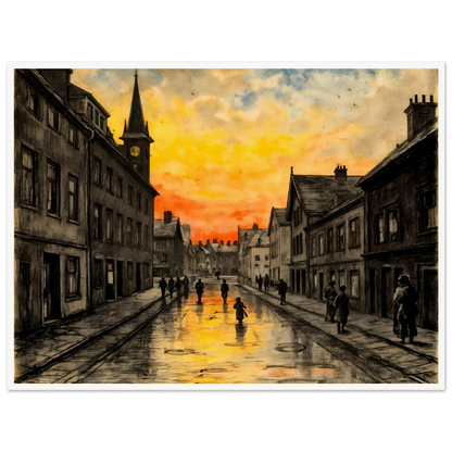 A vintage town street glows beneath a fiery sunset, with wet cobblestones reflecting amber skies and quiet figures walking home.