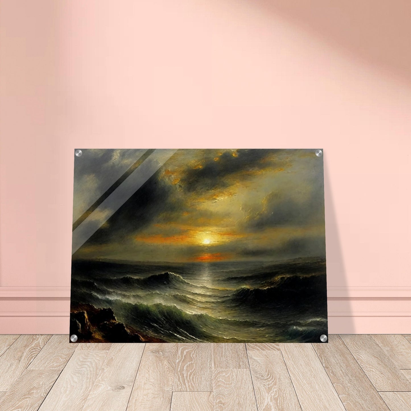 A dramatic seascape painting capturing the power and beauty of the ocean at sunset. The scene features turbulent waves under a cloudy sky, with the sun breaking through the horizon, casting an orange and yellow glow over the water.