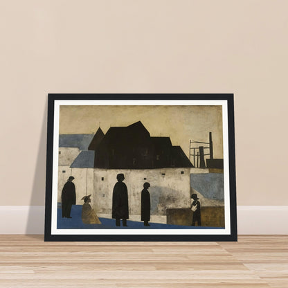 A painting of silhouetted figures in a townscape with dark buildings and industrial structures against a muted sky.