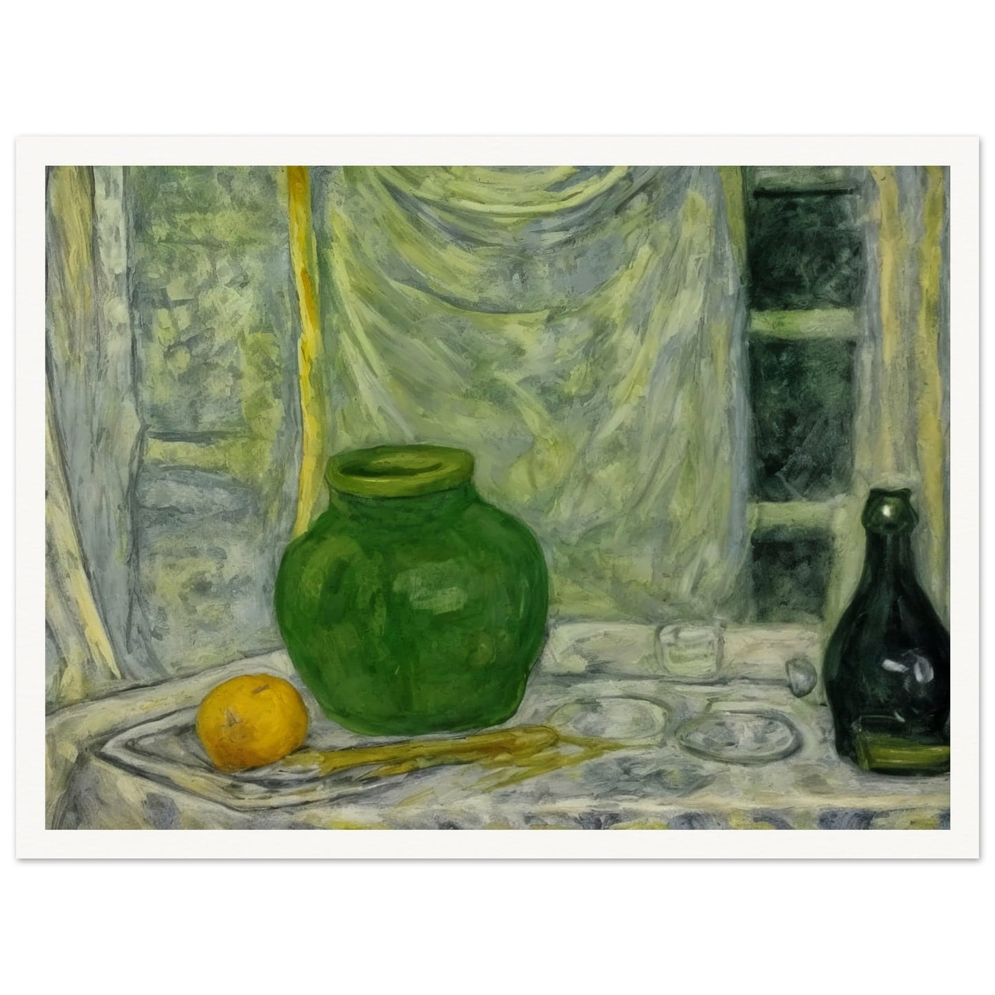 A still life painting featuring a green vase and bottle, alongside an orange on a draped table, set against a softly textured background.