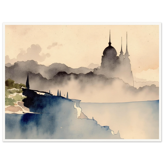 Dreamlike palace silhouette rising from misty hills and cliffs, with watercolor tones evoking mystery and distant lands.