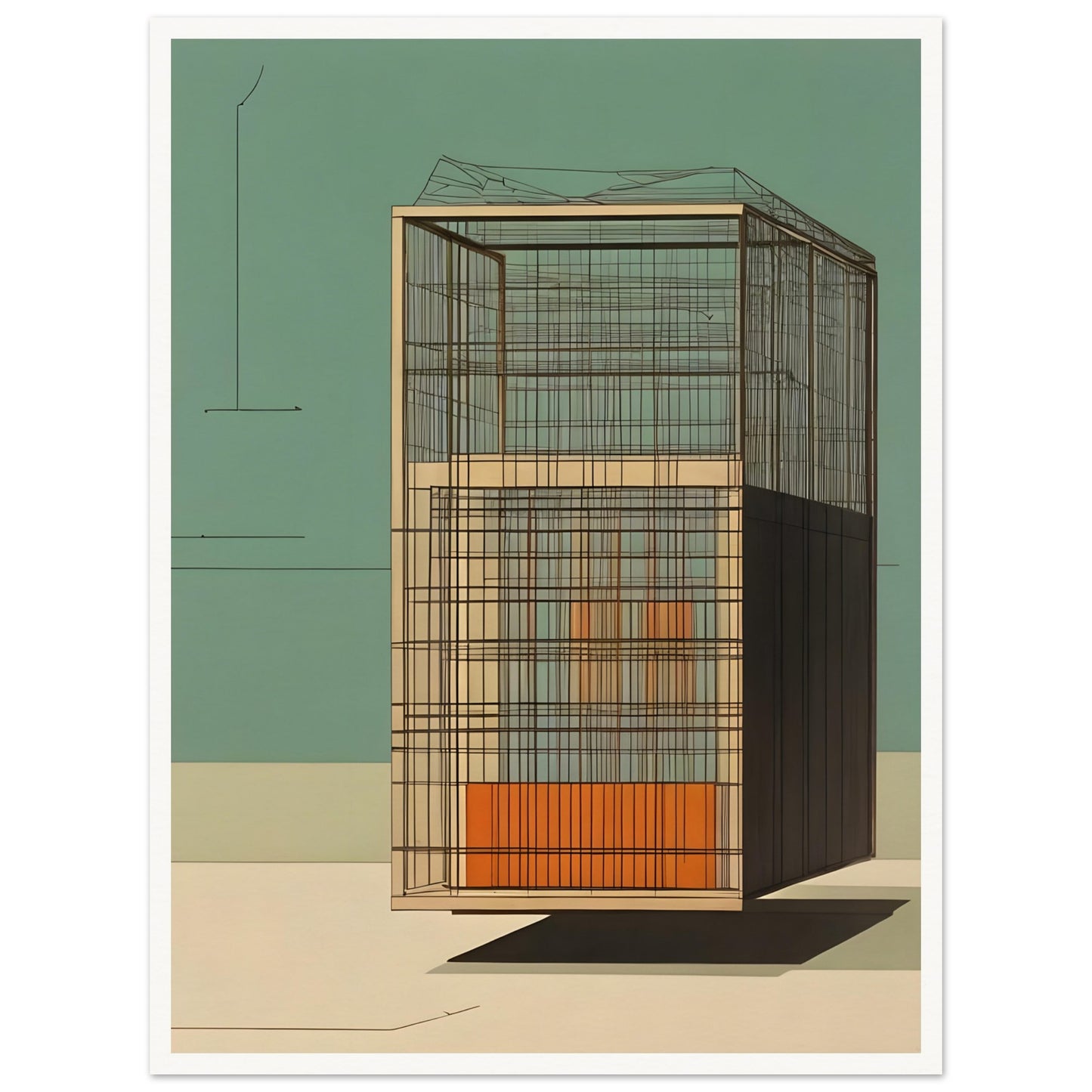 A minimalist artwork showcasing a geometric architectural structure with clean lines, open framework, and neutral tones against a green backdrop