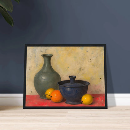 Blue and green ceramic vessels rest on a red surface beside lemons and an orange, against a softly textured neutral wall.