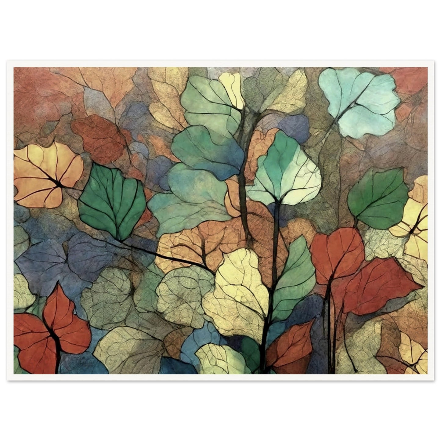 A colorful composition of overlapping leaves in shades of green, yellow, orange, and blue, creating a delicate and textured pattern that evokes the beauty of nature.