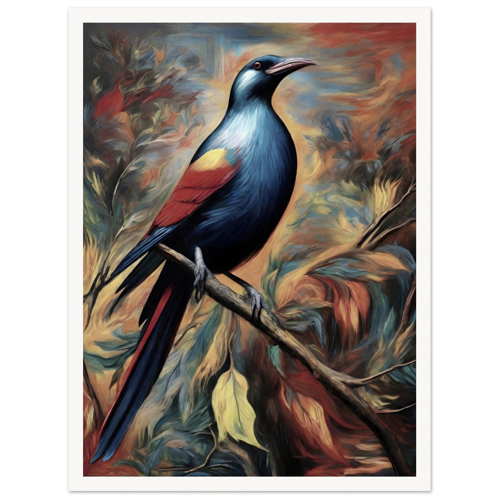 A vibrant painting of a bird with shimmering blue, red, and yellow feathers perched on a branch, set against a dramatic swirling background of autumn tones.