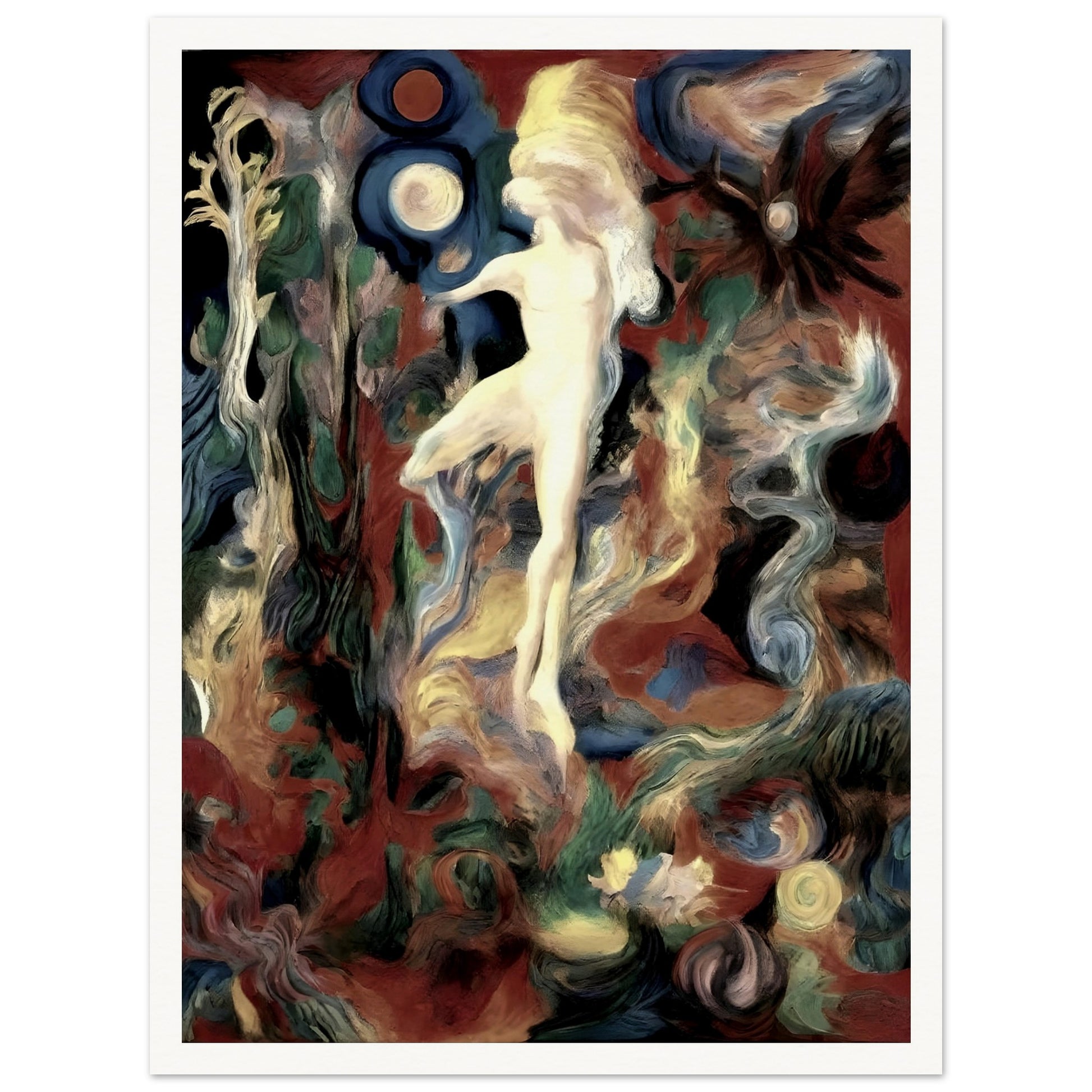 A surreal painting of a glowing figure dancing amidst swirling, vibrant colors and cosmic shapes, evoking a dreamlike atmosphere.