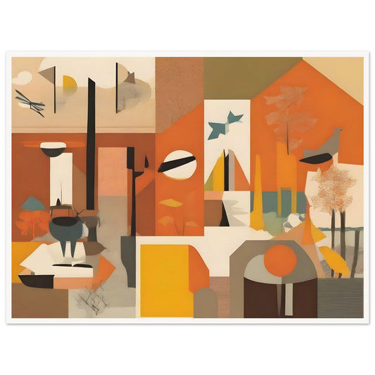 An abstract artwork featuring geometric shapes, warm autumnal tones of orange, brown, and yellow, with depictions of trees, birds, and nature-inspired elements