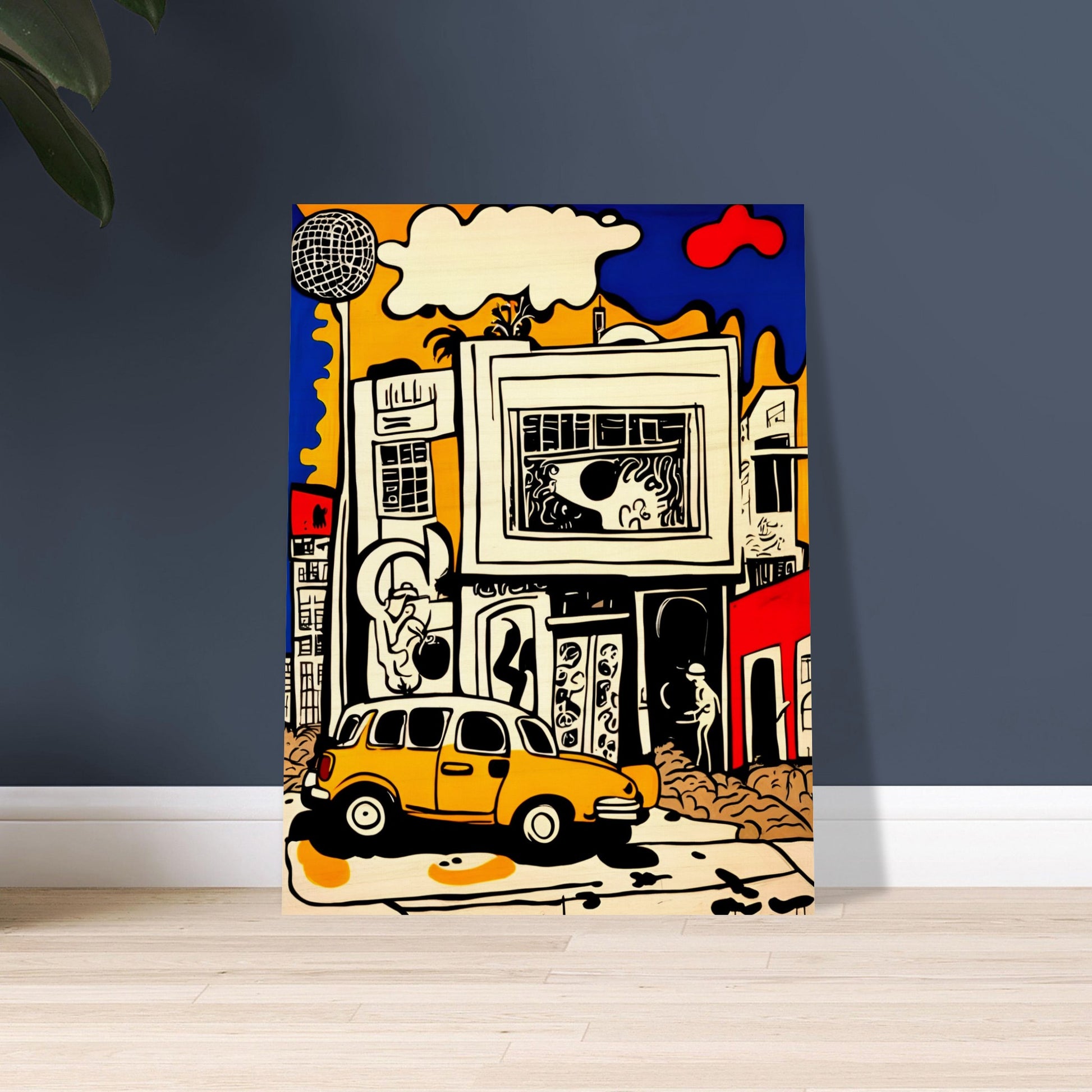 A vibrant city scene with a bold yellow car, abstract buildings, and dynamic urban elements in pop-art style with strong black outlines.