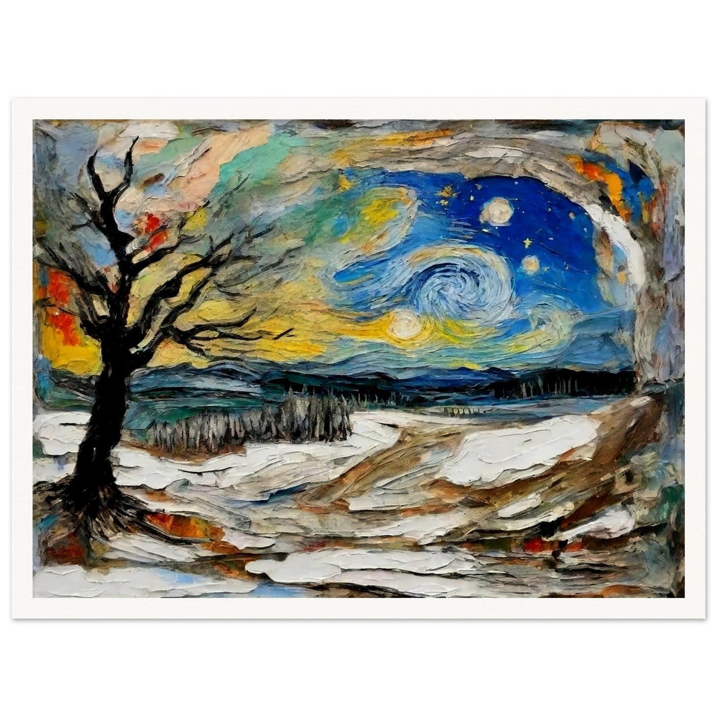 Vibrant painting of a night landscape with swirling stars, a bare tree, snowy ground, and dynamic colors evoking motion and energy