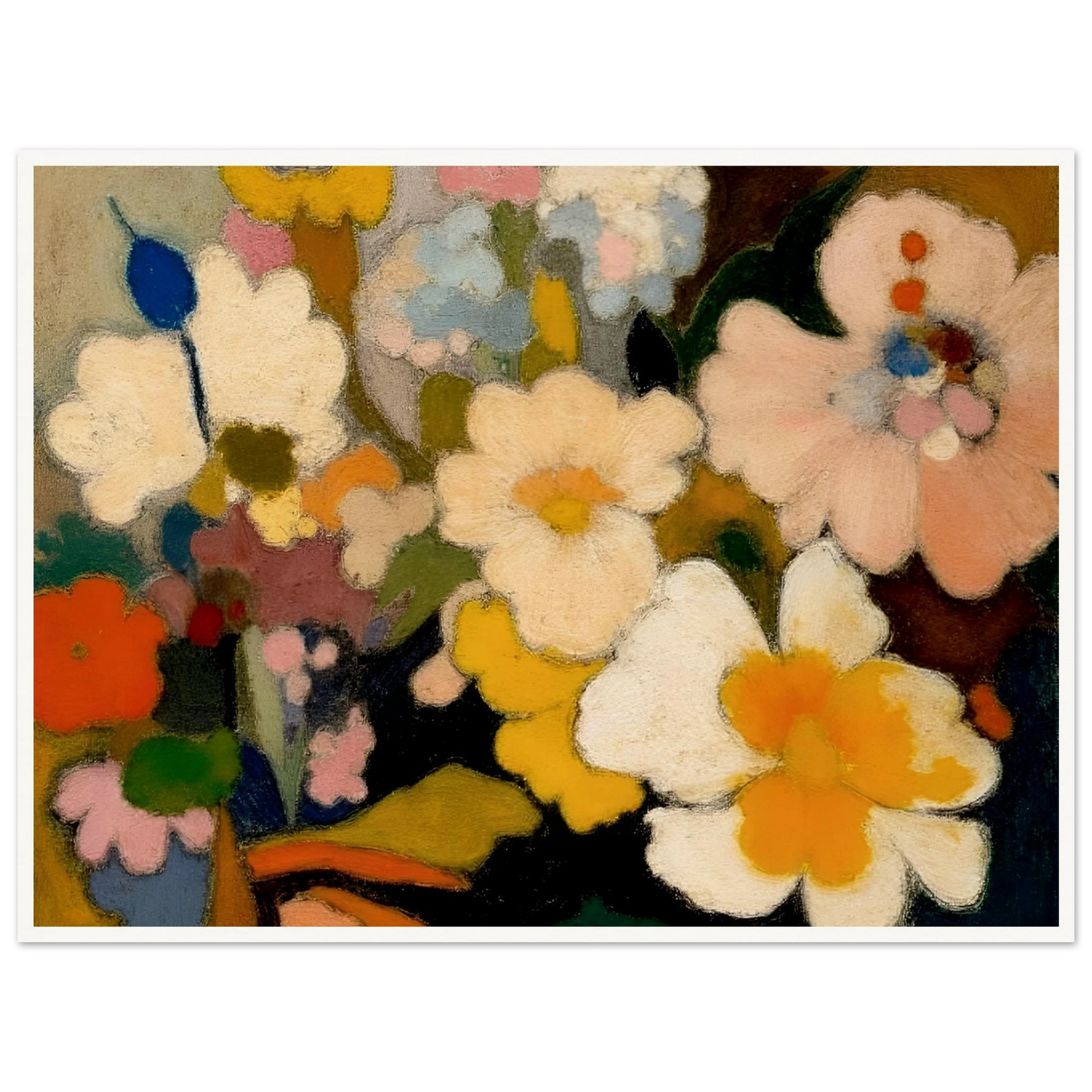 Soft floral forms in cream, yellow, pink, and blue gather in a dreamy bouquet filled with warmth and charm.