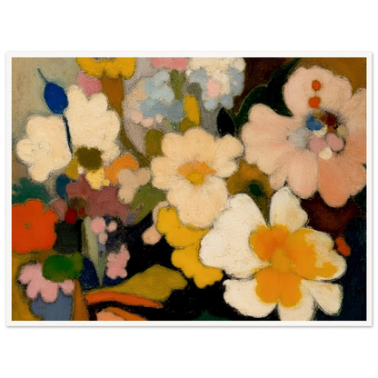 Soft floral forms in cream, yellow, pink, and blue gather in a dreamy bouquet filled with warmth and charm.