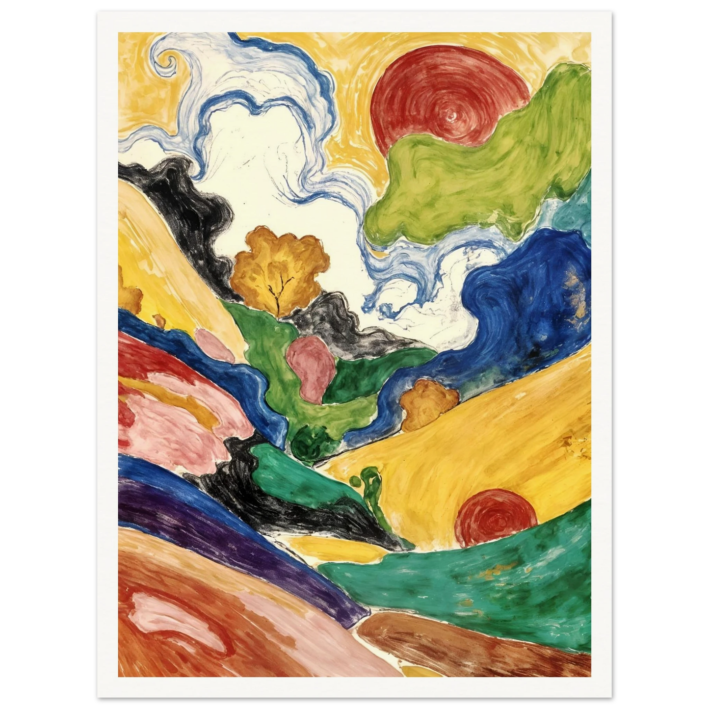 Flowing hills, swirling skies, and crimson suns weave through a vivid landscape filled with movement and color.