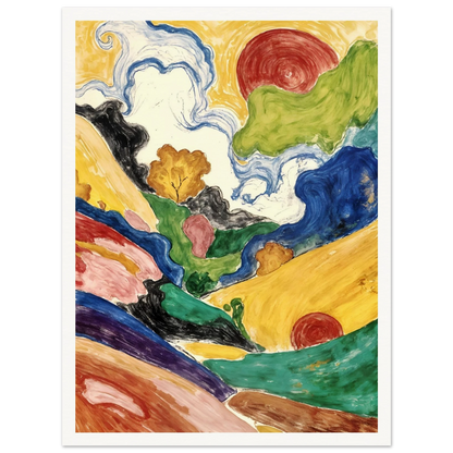 Flowing hills, swirling skies, and crimson suns weave through a vivid landscape filled with movement and color.