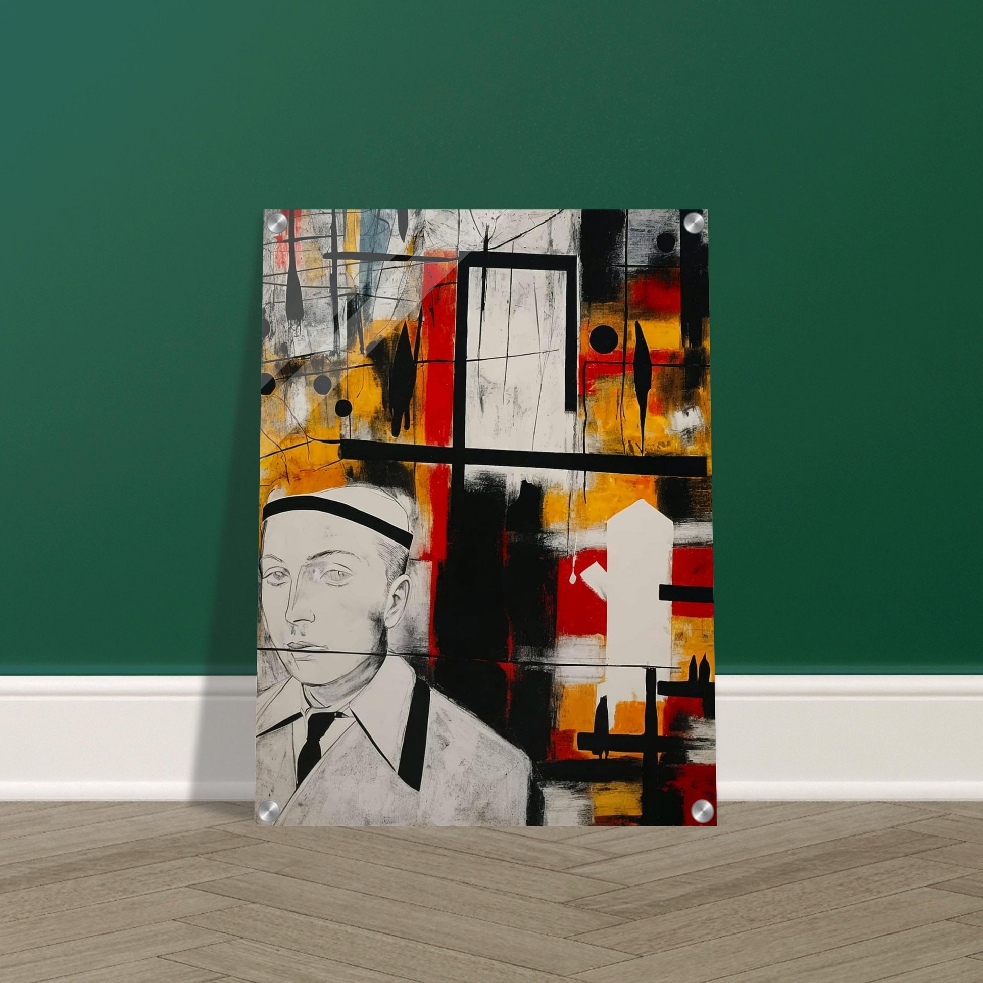 Abstract artwork featuring a man in a suit and hat against a vibrant background with geometric shapes and bold colors.