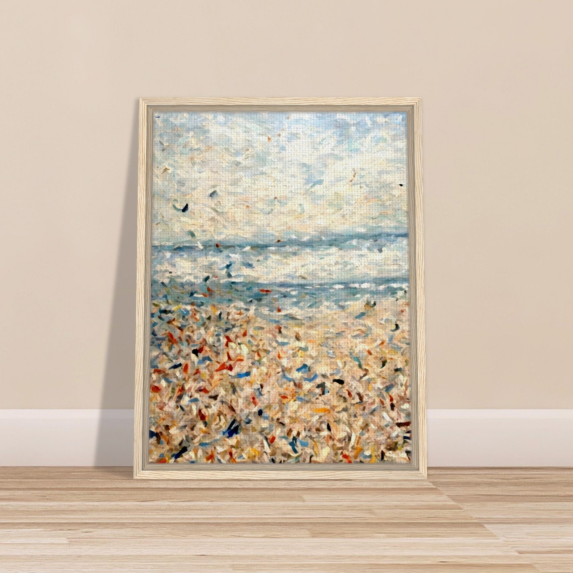 An impressionistic seascape with soft blues, whites, and sandy tones, depicting a sunlit beach with shimmering water and scattered colors.