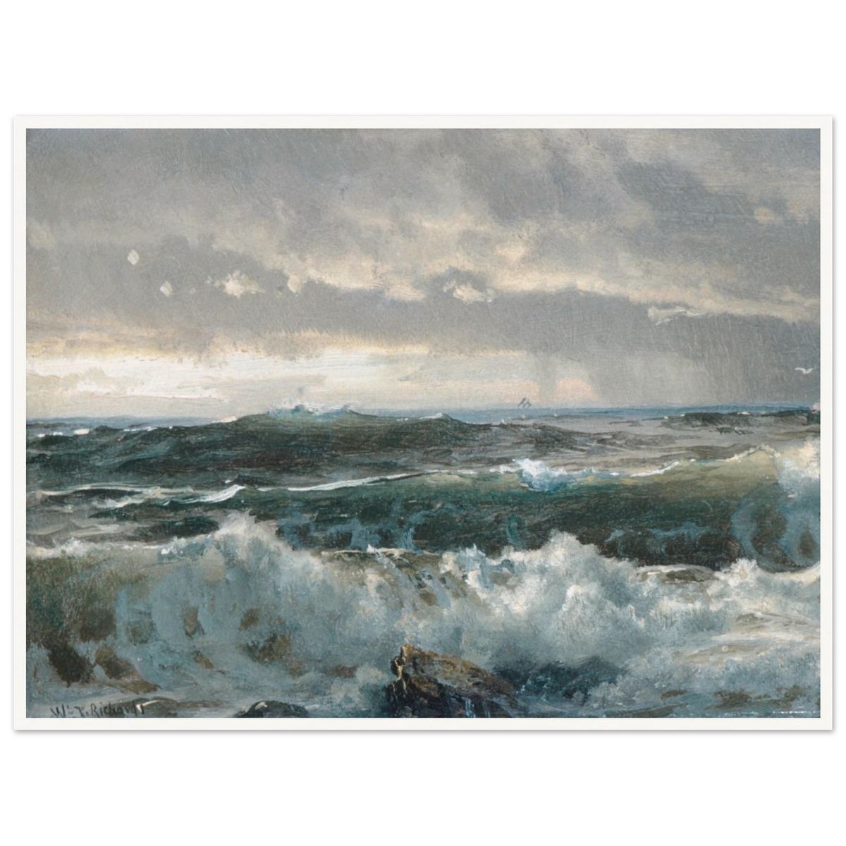 Stormy waves crash over dark rocks beneath heavy gray clouds in a dramatic seascape.