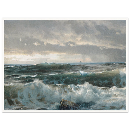 Stormy waves crash over dark rocks beneath heavy gray clouds in a dramatic seascape.