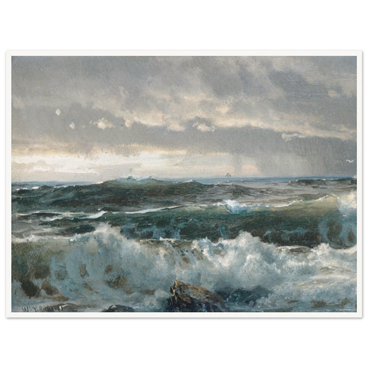 Stormy waves crash over dark rocks beneath heavy gray clouds in a dramatic seascape.