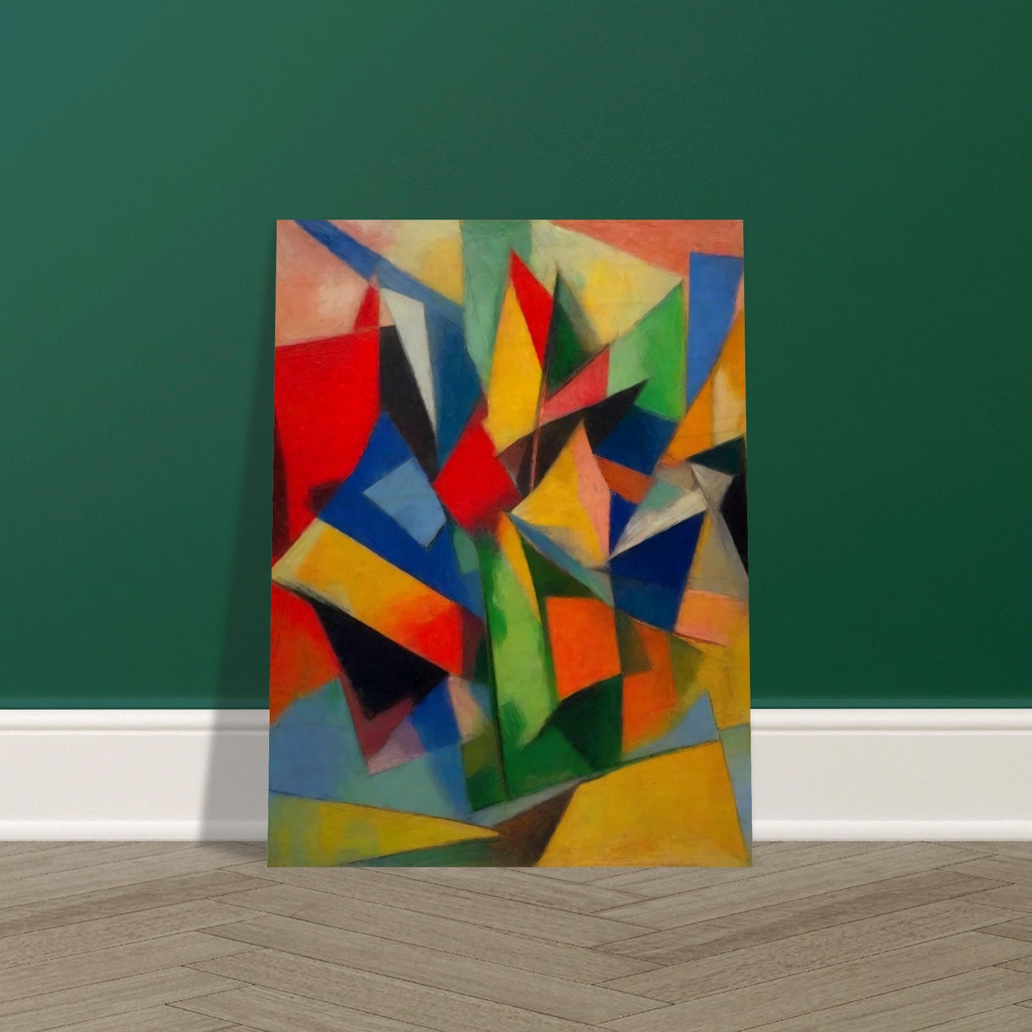 A vibrant abstract painting with sharp, colorful geometric shapes creating a dynamic and energetic composition.