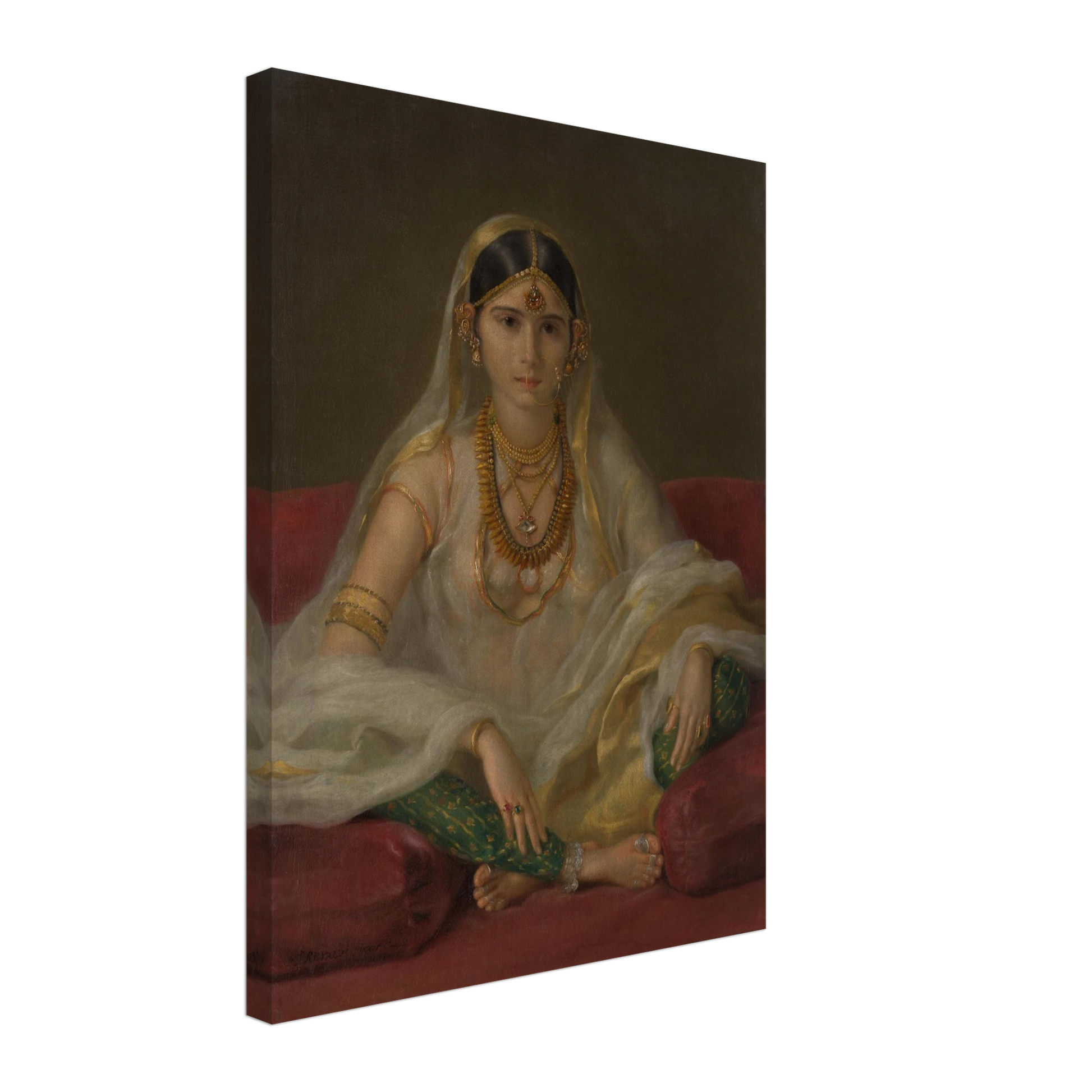A Mughal woman in a sheer white veil and gold jewelry sits cross-legged on deep red cushions.