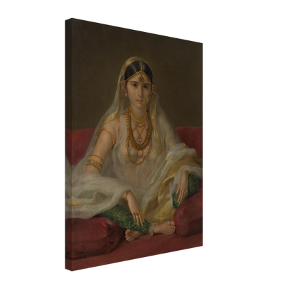 A Mughal woman in a sheer white veil and gold jewelry sits cross-legged on deep red cushions.