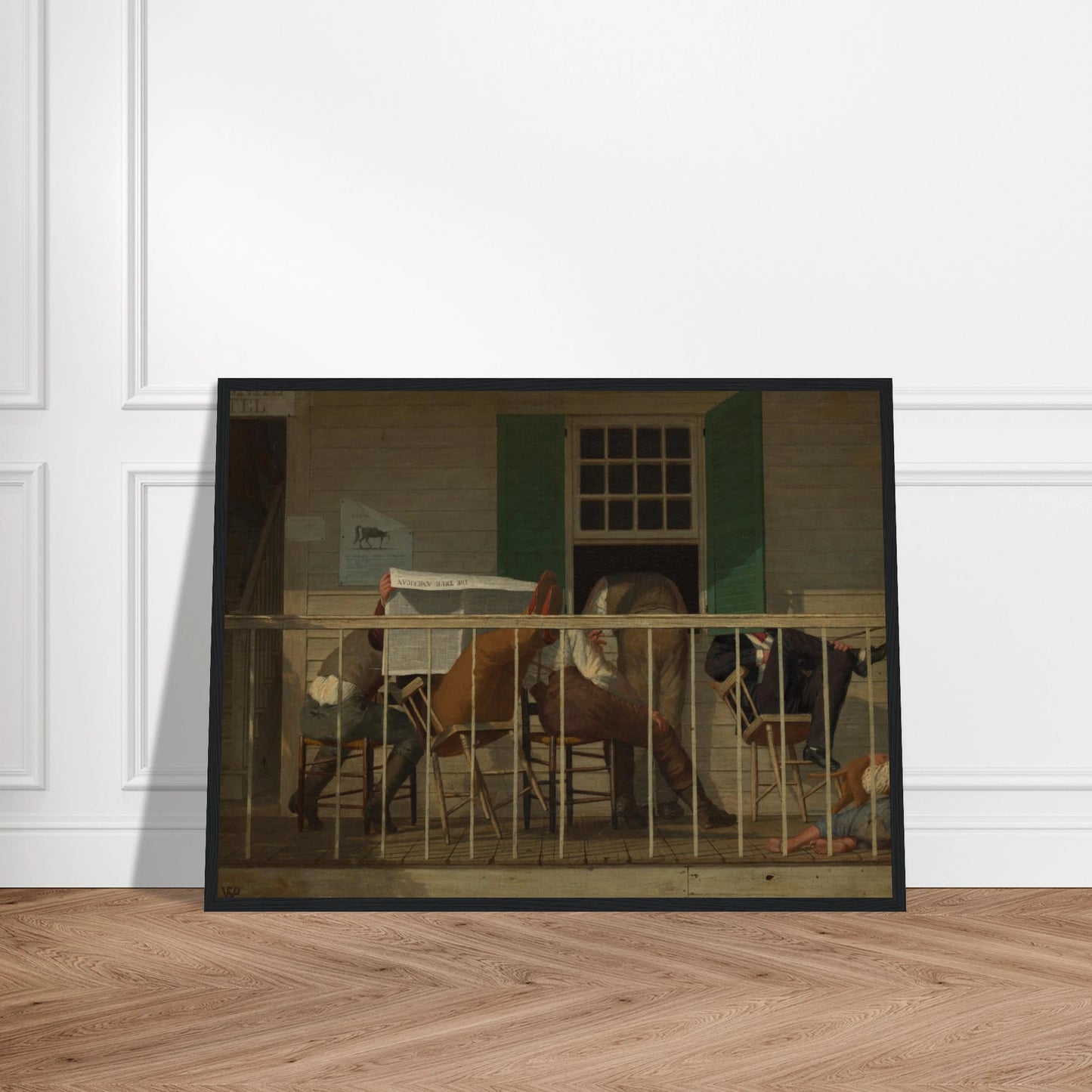 Men sit on a porch reading a newspaper while a child rests beside a dog