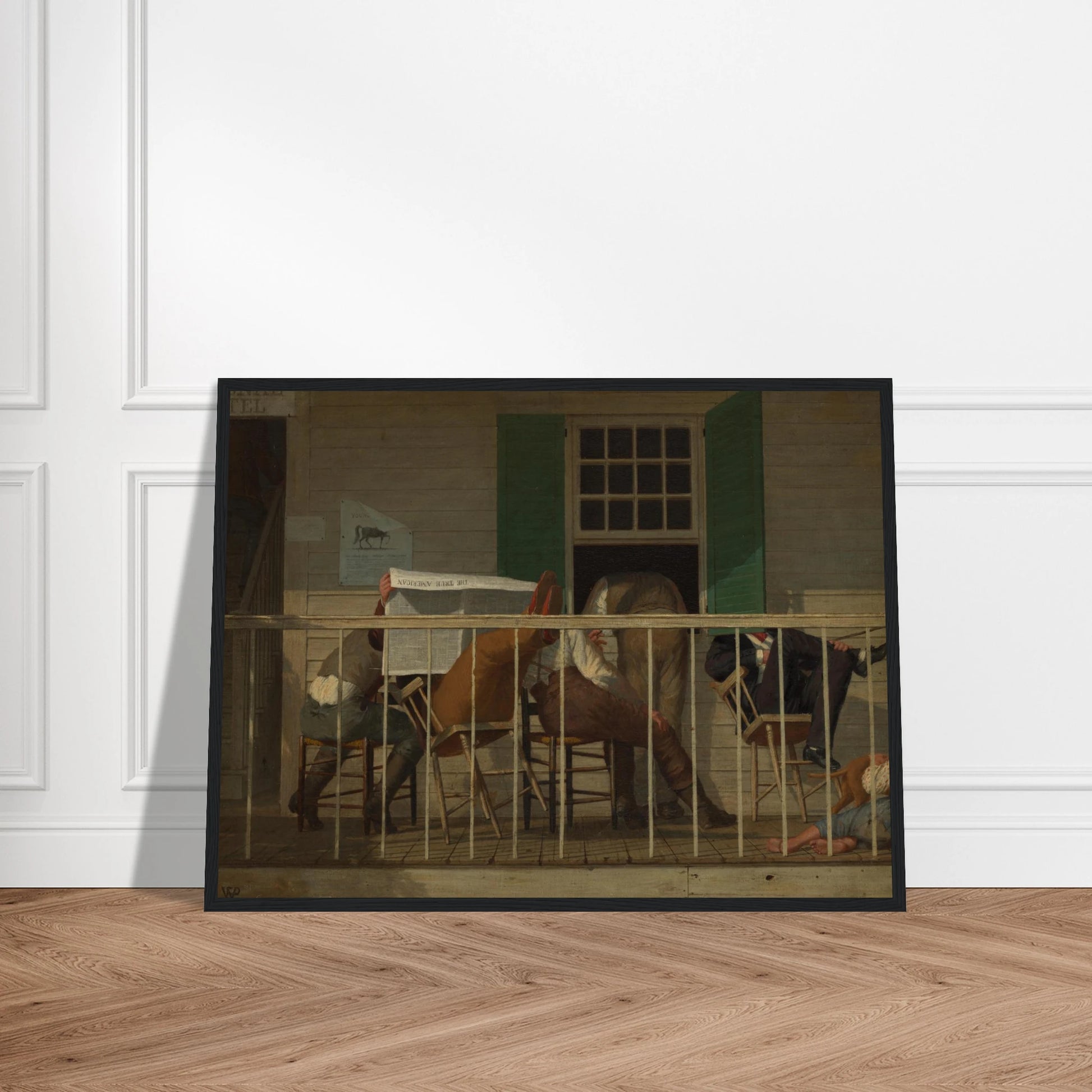 Men sit on a porch reading a newspaper while a child rests beside a dog