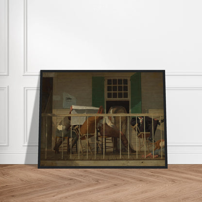 Men sit on a porch reading a newspaper while a child rests beside a dog