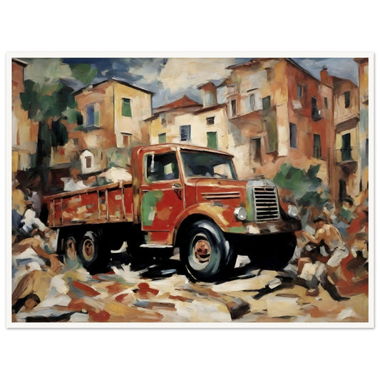 A vibrant painting of a red vintage truck set against an old town backdrop, with earthy tones and dynamic painterly strokes.