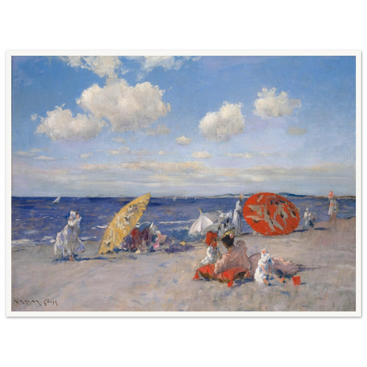 Beachgoers with red and yellow parasols rest beside a blue seaside under bright clouds