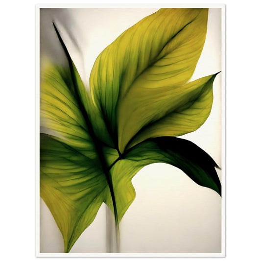 A minimalistic and elegant painting of lush green and golden leaves, highlighting delicate textures and veins against a soft, light background.