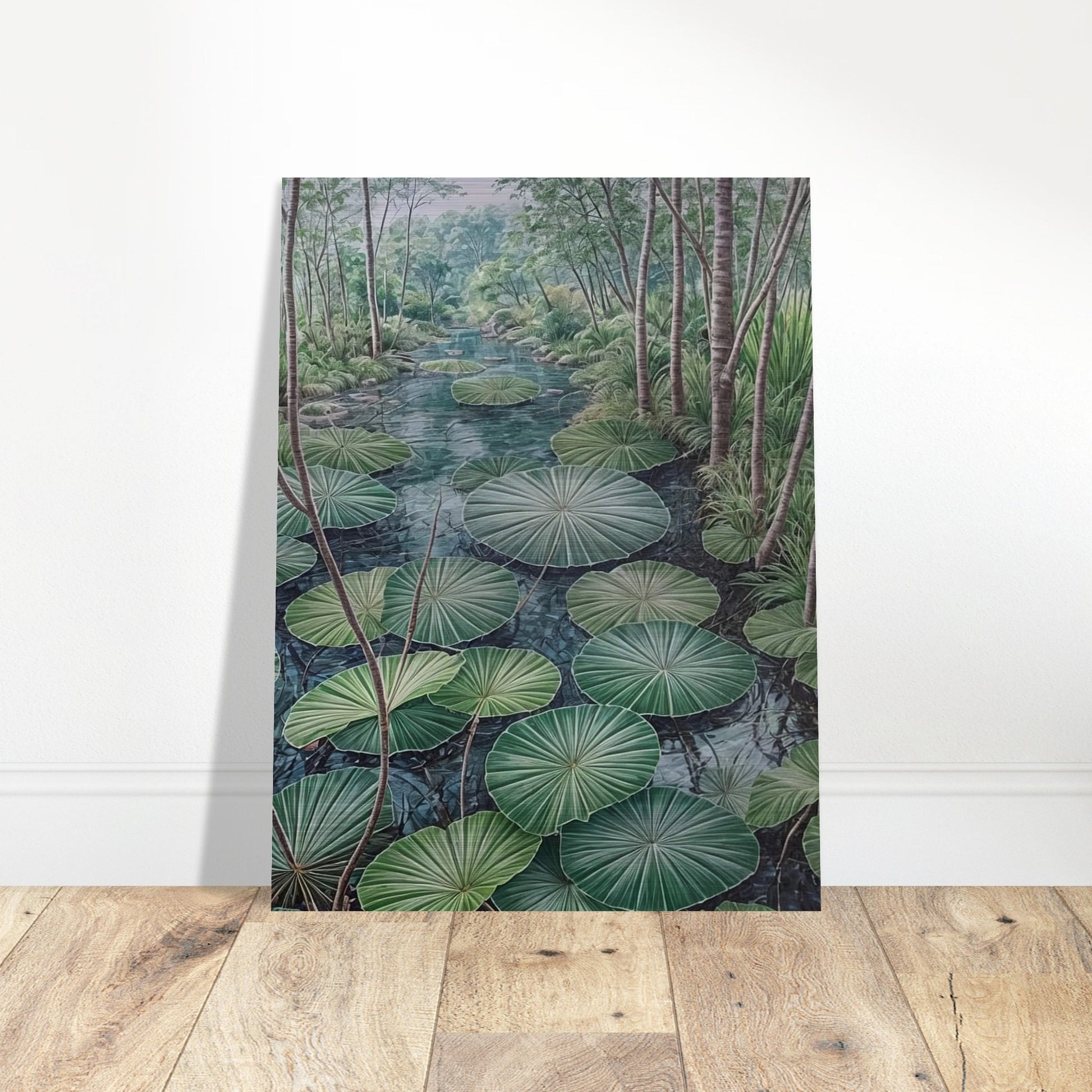 A serene painting of a lush green pond filled with large lotus leaves, surrounded by tall trees and dense foliage.