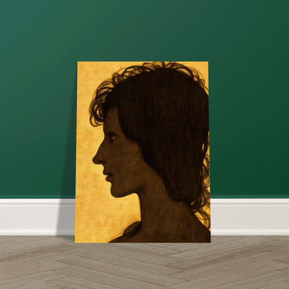 A textured profile silhouette of a woman set against a warm ochre background, capturing introspection and quiet strength.