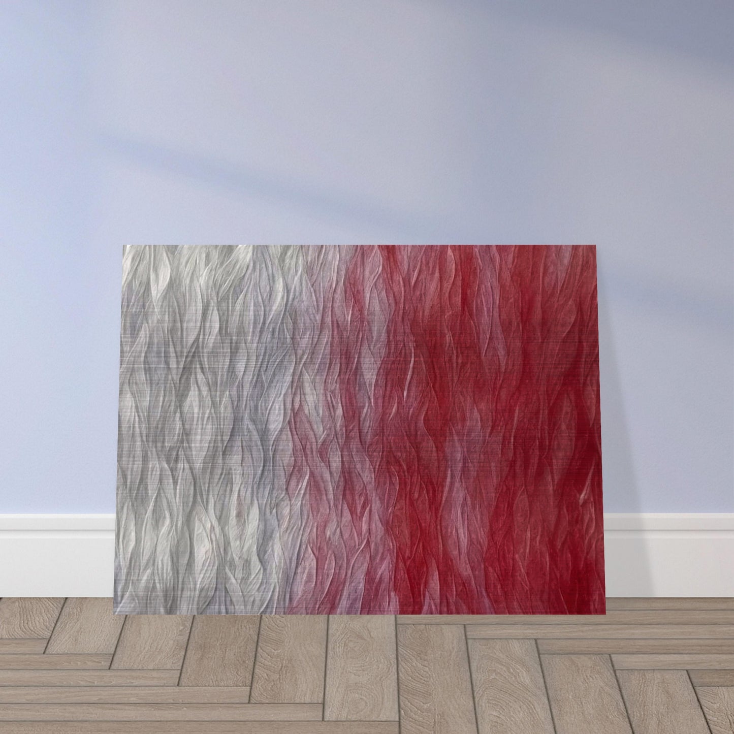 Soft textured waves shifting from pale gray to deep crimson, creating a mesmerizing gradient with rippling patterns.