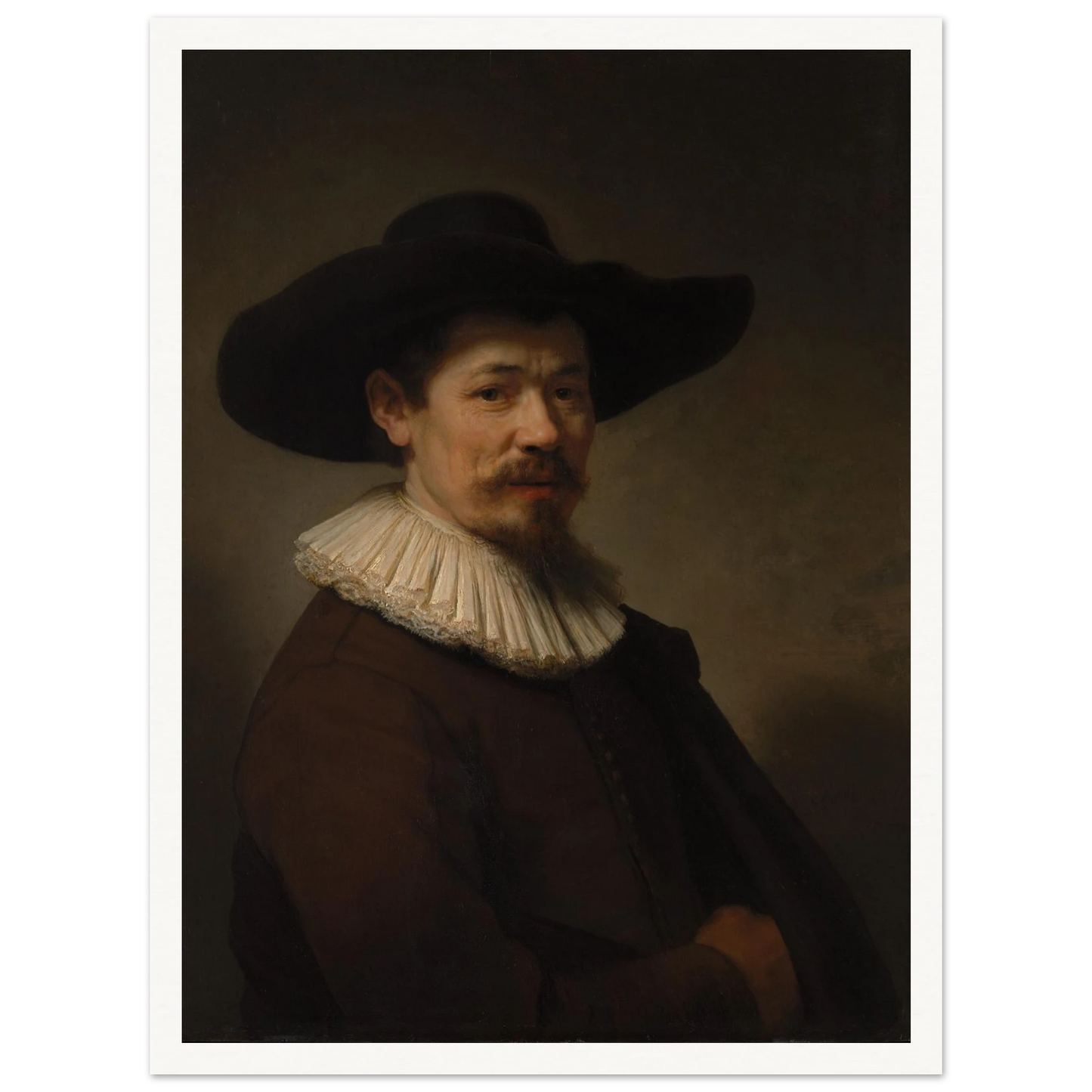 Portrait of Herman Doomer in a black hat, white ruff, and dark coat against a shadowed background
