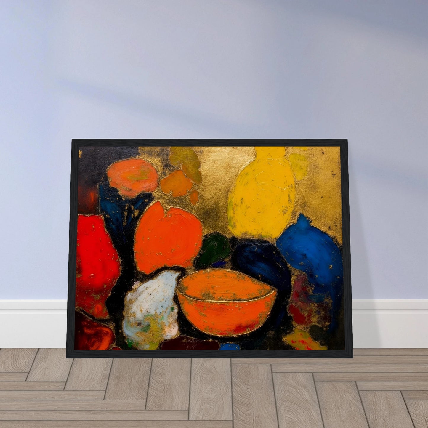 Colorful still life with yellow and blue vases, orange bowl, red fruit, and dark textured background.