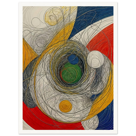 Vibrant abstract painting with swirling lines and circles in various colors, creating a dynamic and cosmic feel.