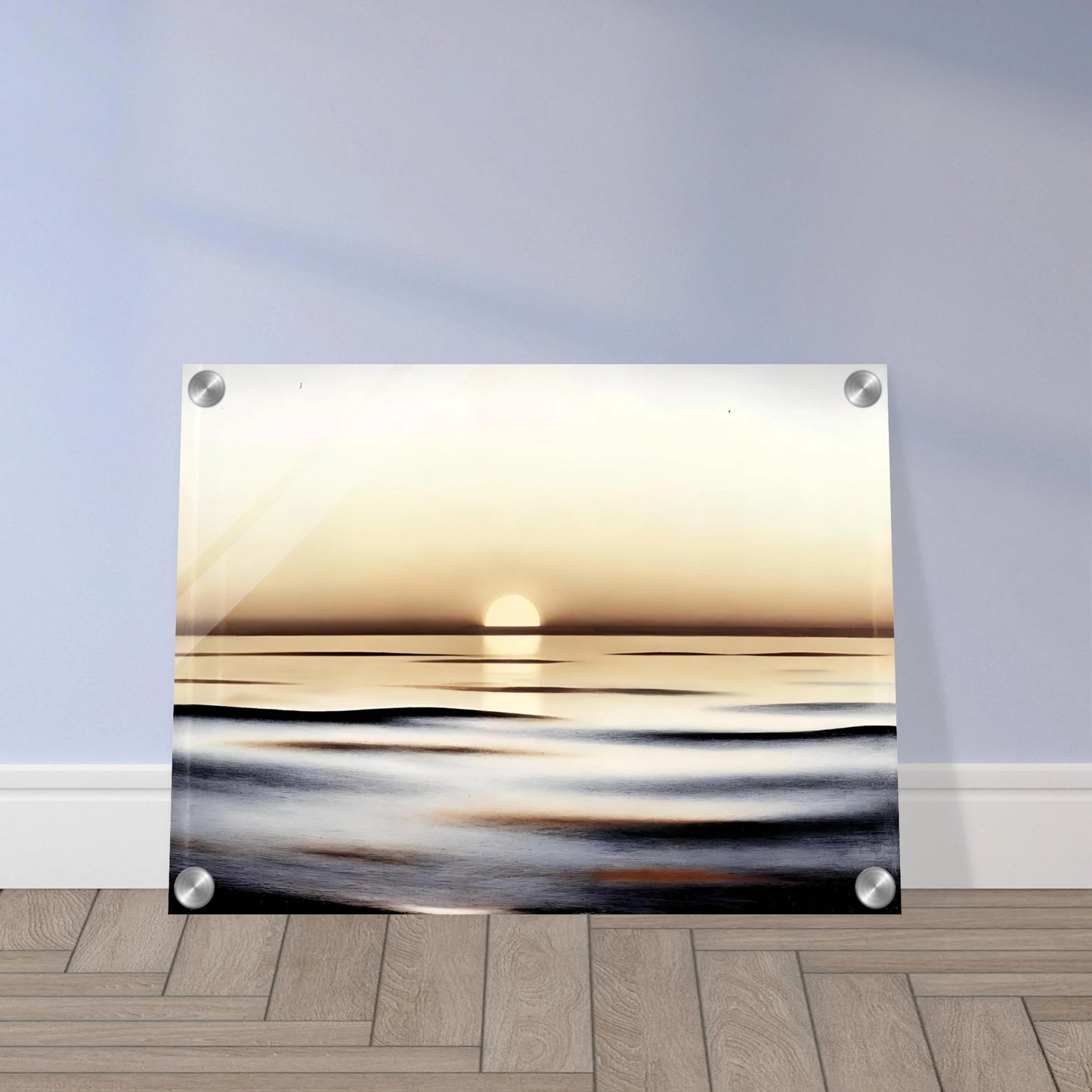 A minimalist seascape capturing the calm of sunrise, where golden light reflects softly on gentle ocean waves.