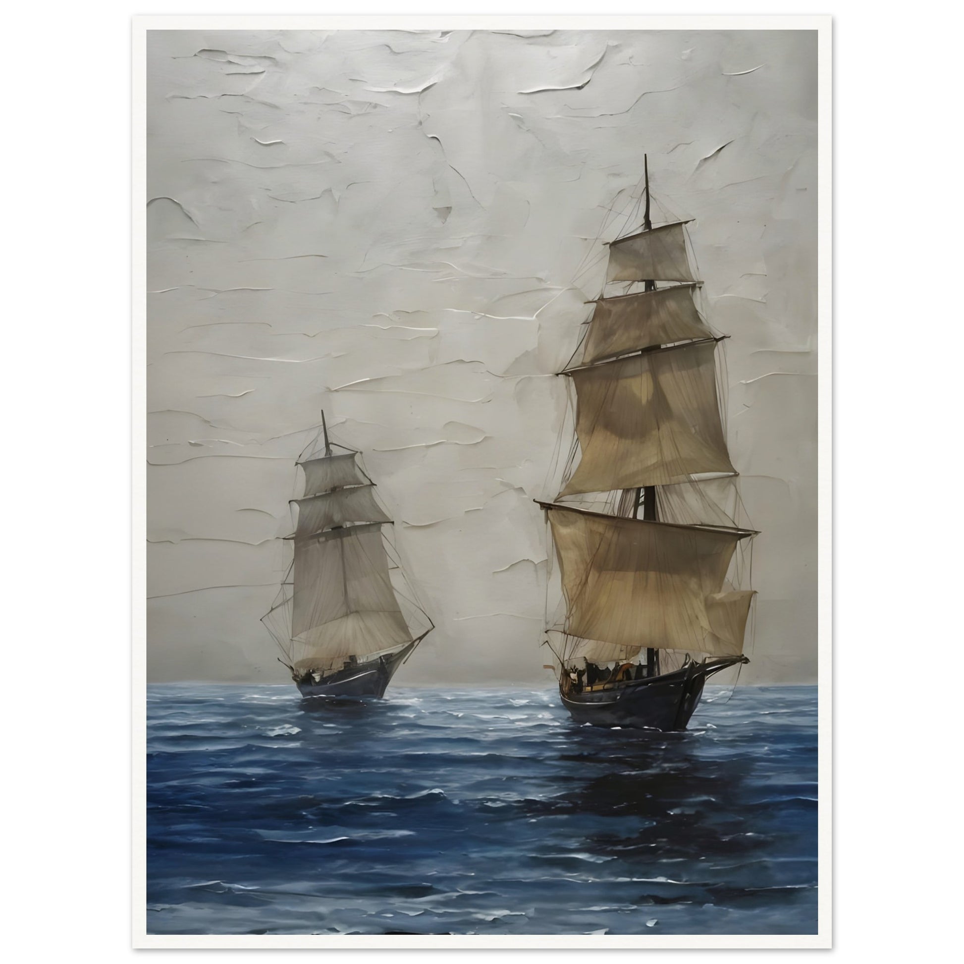 A captivating seascape featuring two tall ships with billowing sails drifting over deep blue waters, set against a textured, misty sky.