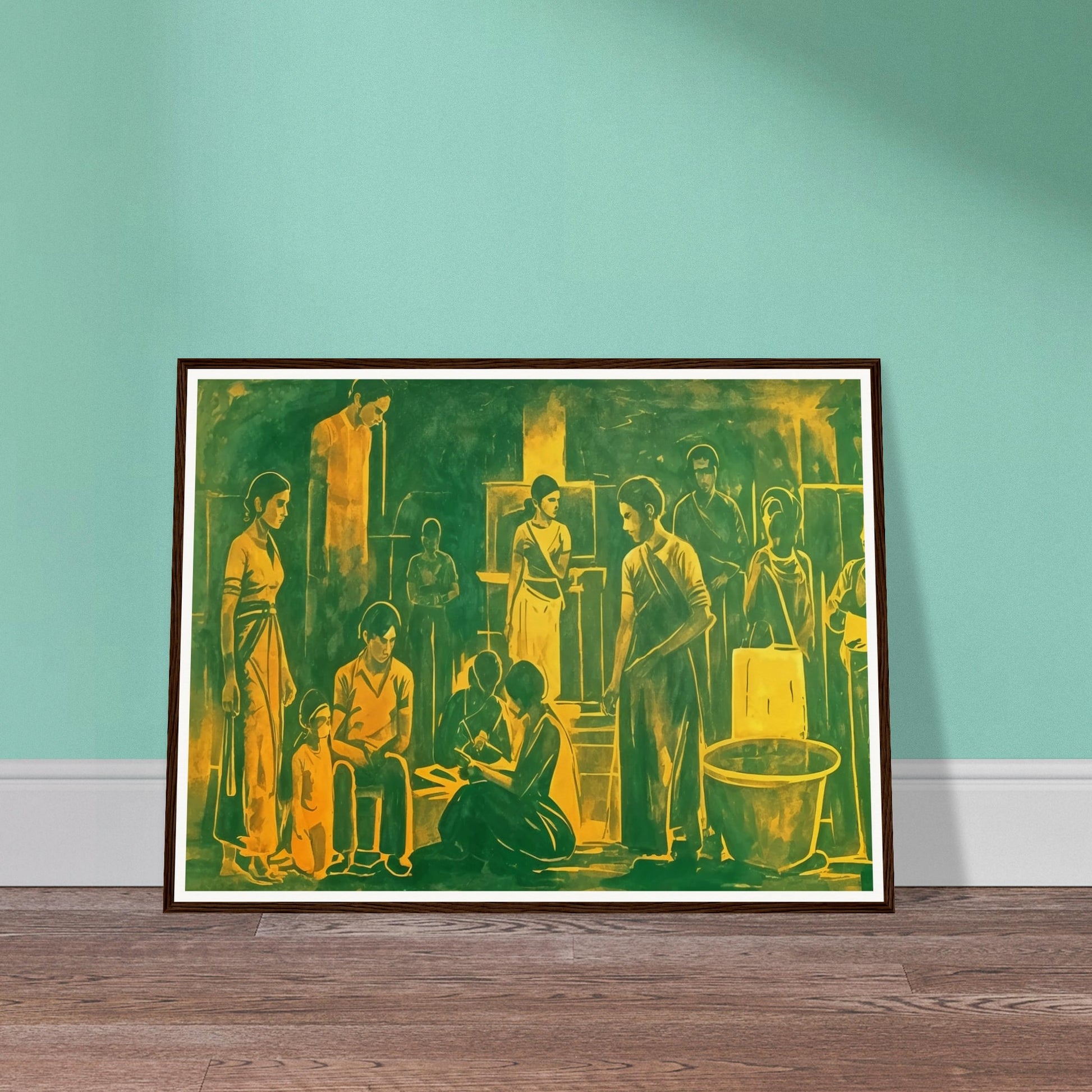 An evocative painting depicting a group of people gathered in a communal space, engaged in various activities. The figures are rendered in warm green and yellow tones, creating a harmonious and unified atmosphere. The scene captures a moment of interaction and shared experience, with each character absorbed in their own task, yet connected to the collective setting. The composition is filled with a sense of quiet strength and unity, highlighting the bonds within the community.